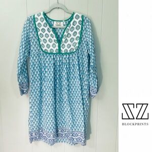 SZ Blockprint Dress Midi Slow Fashion Art To Wear White Blue Small